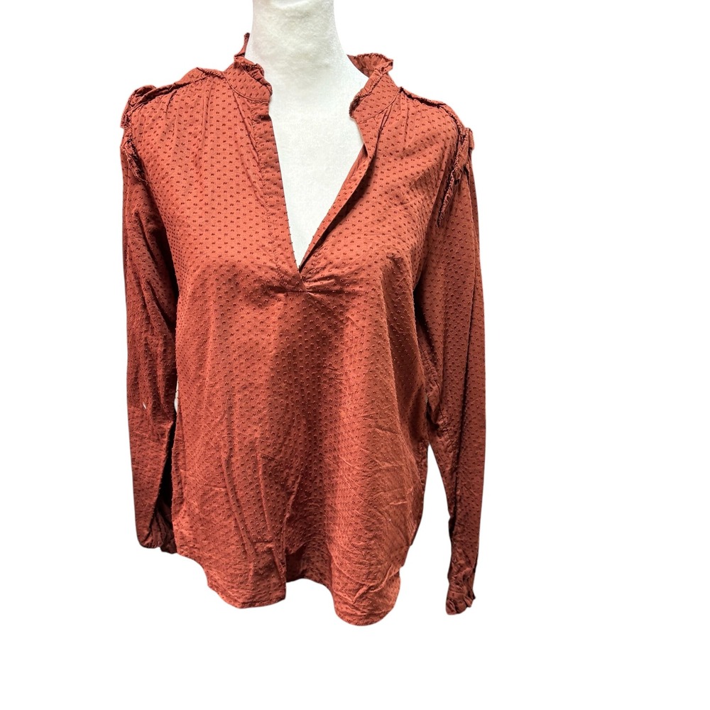 J.Crew Rust Orange Swiss Dot Ruffle Neck Blouse Long Sleeve Top Small #972
